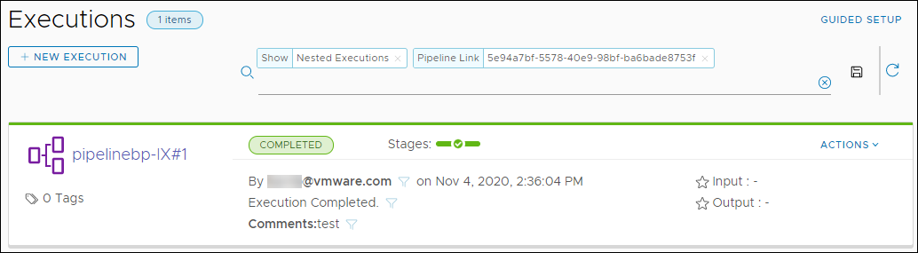 The pipeline execution displays the completion status and includes a link to the pipeline run.