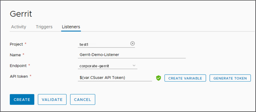 For on-premises instances, the Gerrit trigger listener uses a Gerrit endpoint, and an API token, which you can generate from the Listeners tab by clicking GENERATE TOKEN.