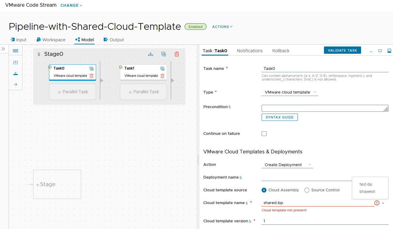 When defining a task with a shared cloud template, verify that the cloud template is shared in Cloud Assembly, then enter the name and the version in Code Stream.