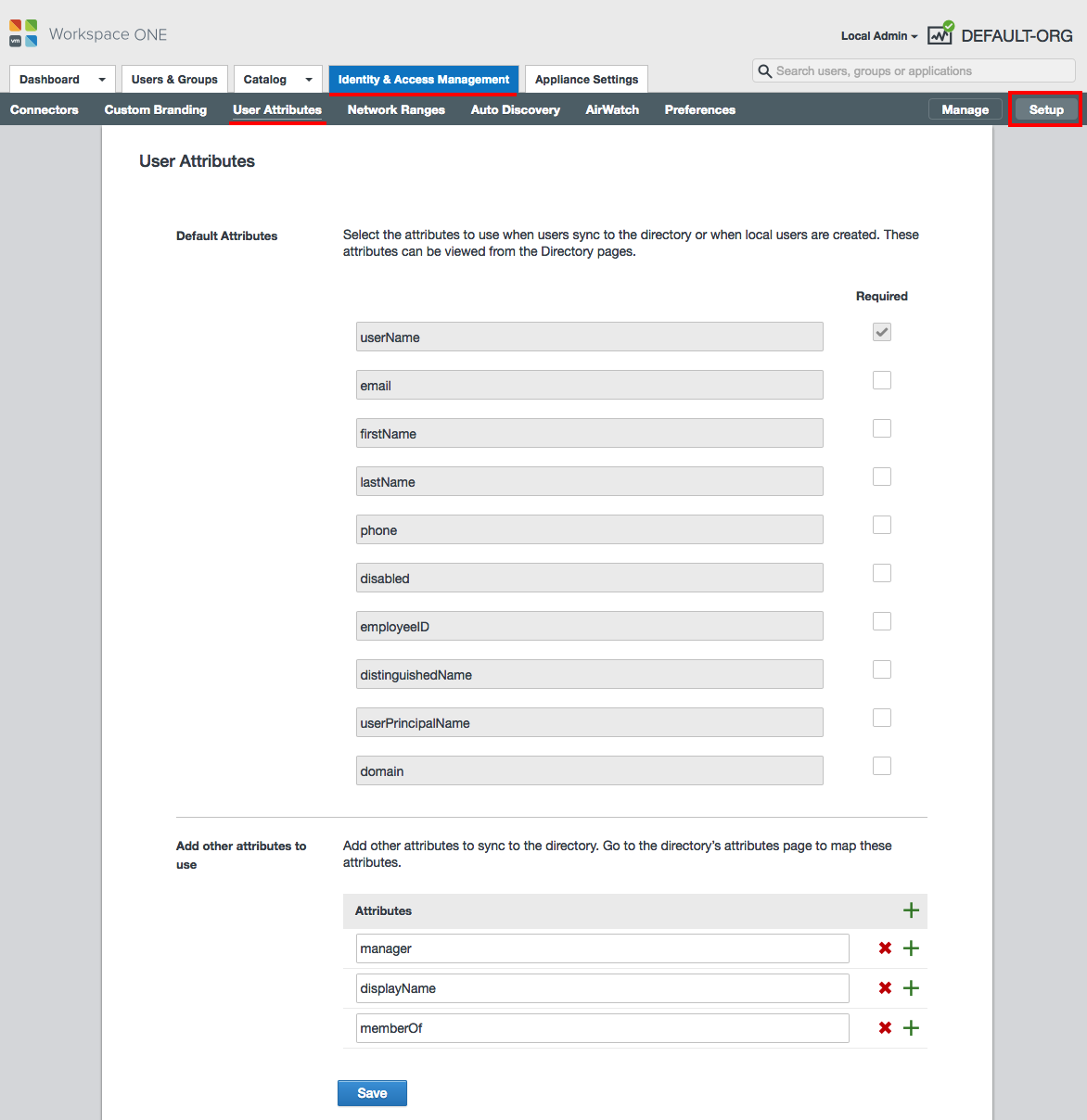 Screenshot of the user attributes page with the values that are described in the next substeps.