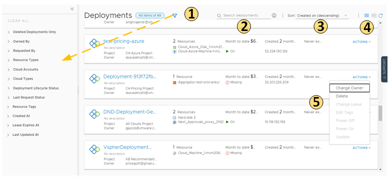 Screenshot of the deployments page with callouts that correspond to the numbered list above the image. Callout 1 is the filter, 2 is the search, 3 is the sort, 4 is switching between card and list views, and 5 is actions.