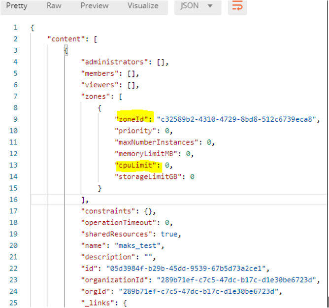 This GET call includes sample values for various zone parameters.