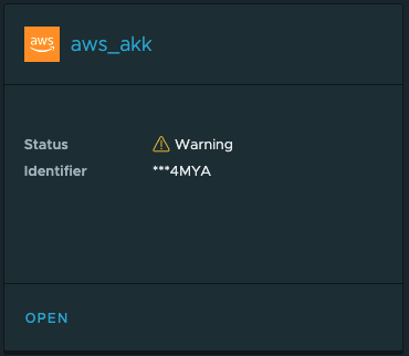 Screenshot of a cloud account card showing the warning status.