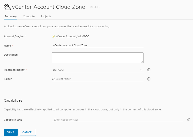 The Cloud Zone configuration page with sample values.