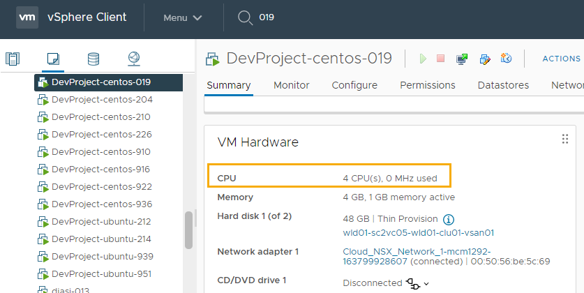 Screenshot of the machine in the vSphere Client with the CPU count of 4 highlighted in the VM Hardware section.