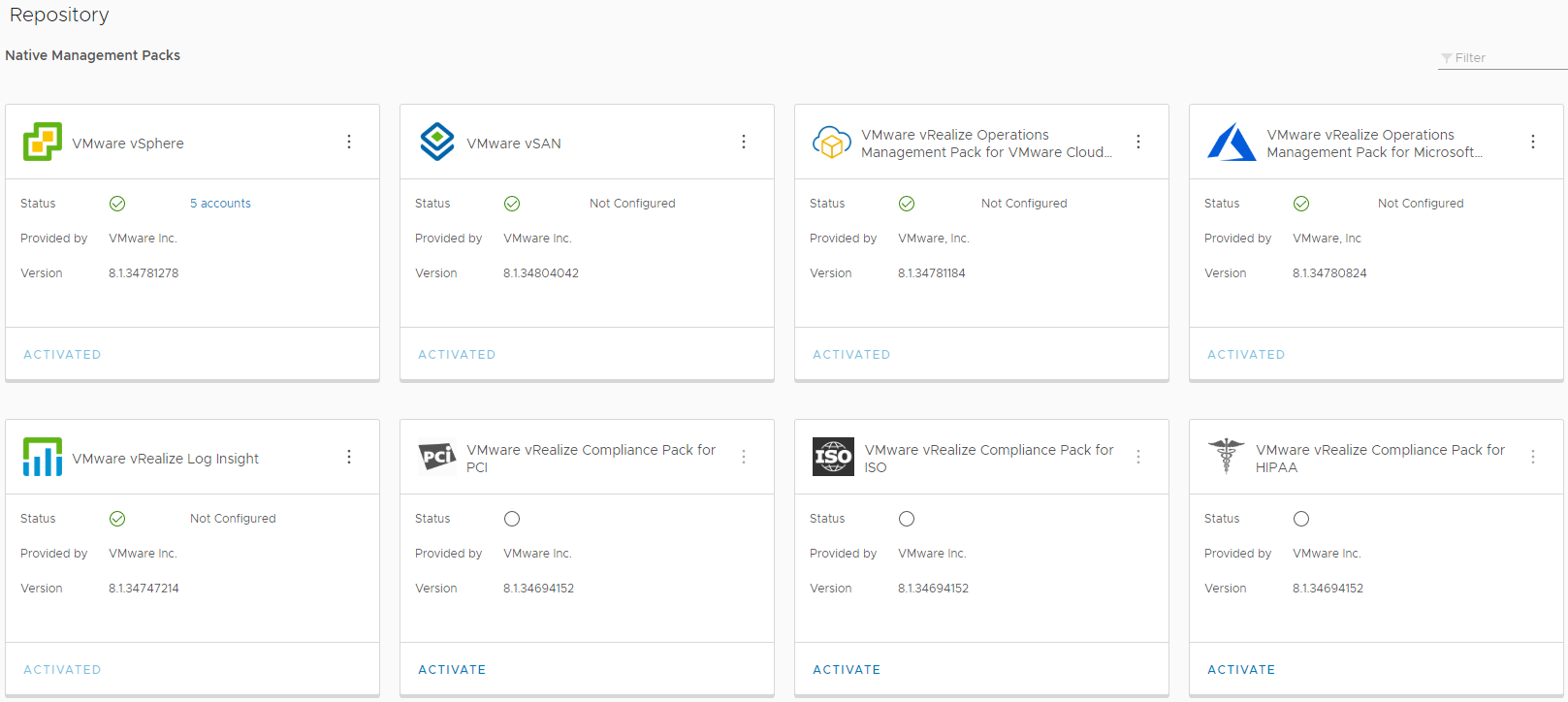 Screenshot displays the list of available solutions in vRealize Operations.