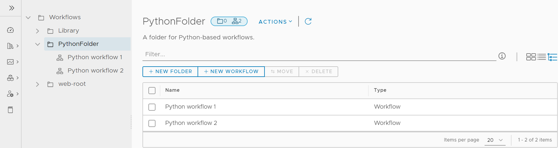 The vRealize Orchestrator Client displays the Workflows page in Tree View.