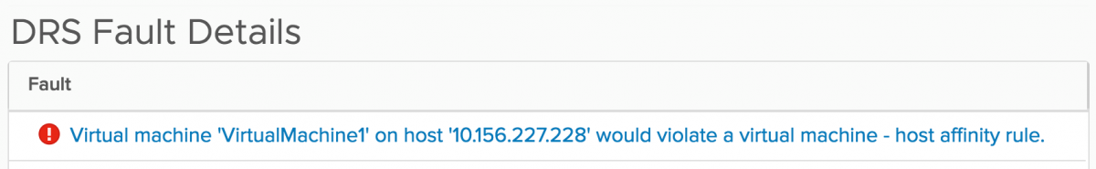 DRS Fault describing the virtual machine–host rule violation