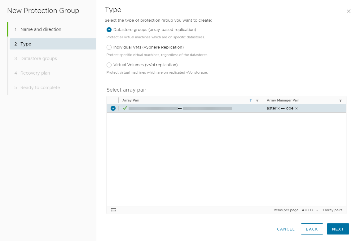 Captura de pantalla de la interfaz de usuario de Site Recovery para seleccionar el tipo de grupo de protección.