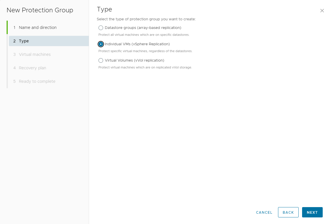 Captura de pantalla de la interfaz de usuario de Site Recovery para seleccionar el tipo de grupo de protección.