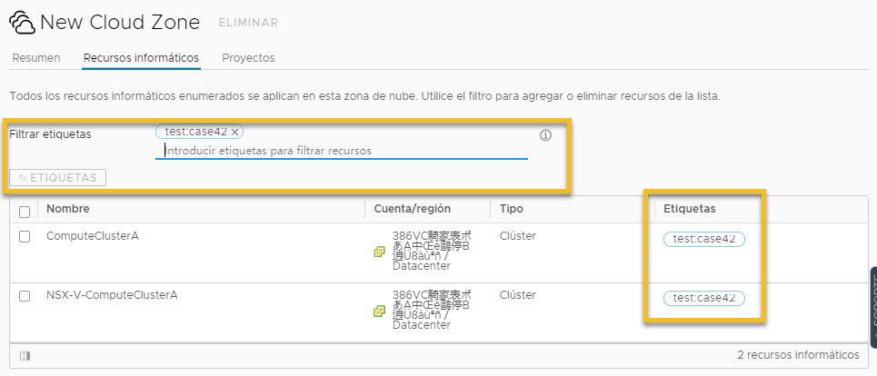 Pantalla de la zona de nube donde el filtro de etiqueta coincide con la etiqueta de los dos recursos informáticos