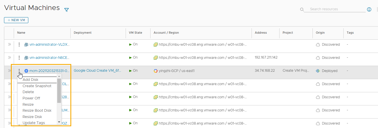 La página de la máquina virtual con el menú de acciones activo para el ejemplo del tutorial.