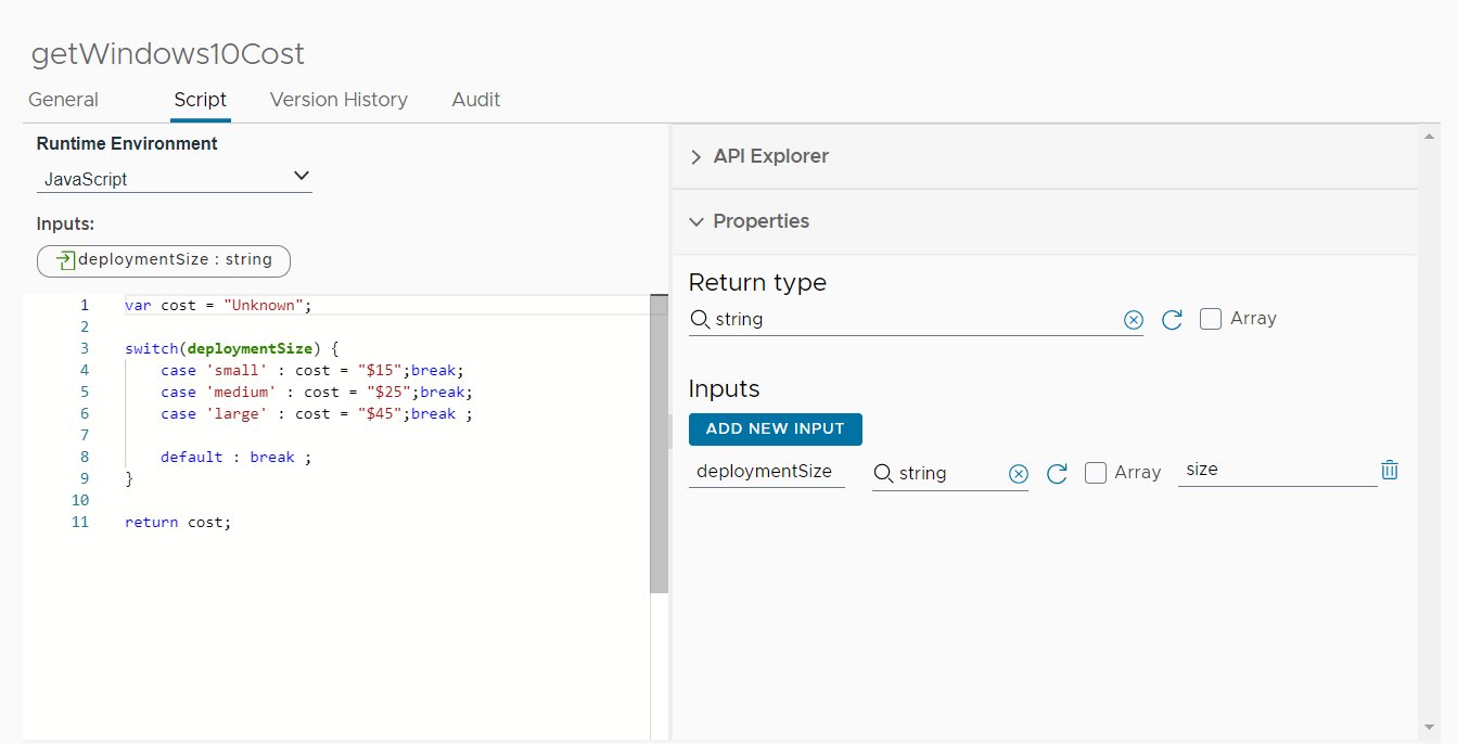 Ejemplo de una acción de vRealize Orchestrator con tamaño y coste