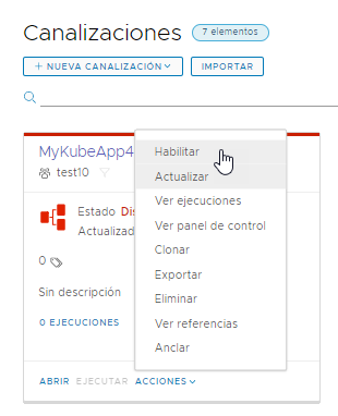 Después de guardar la canalización, debe habilitarla para que se pueda ejecutar.