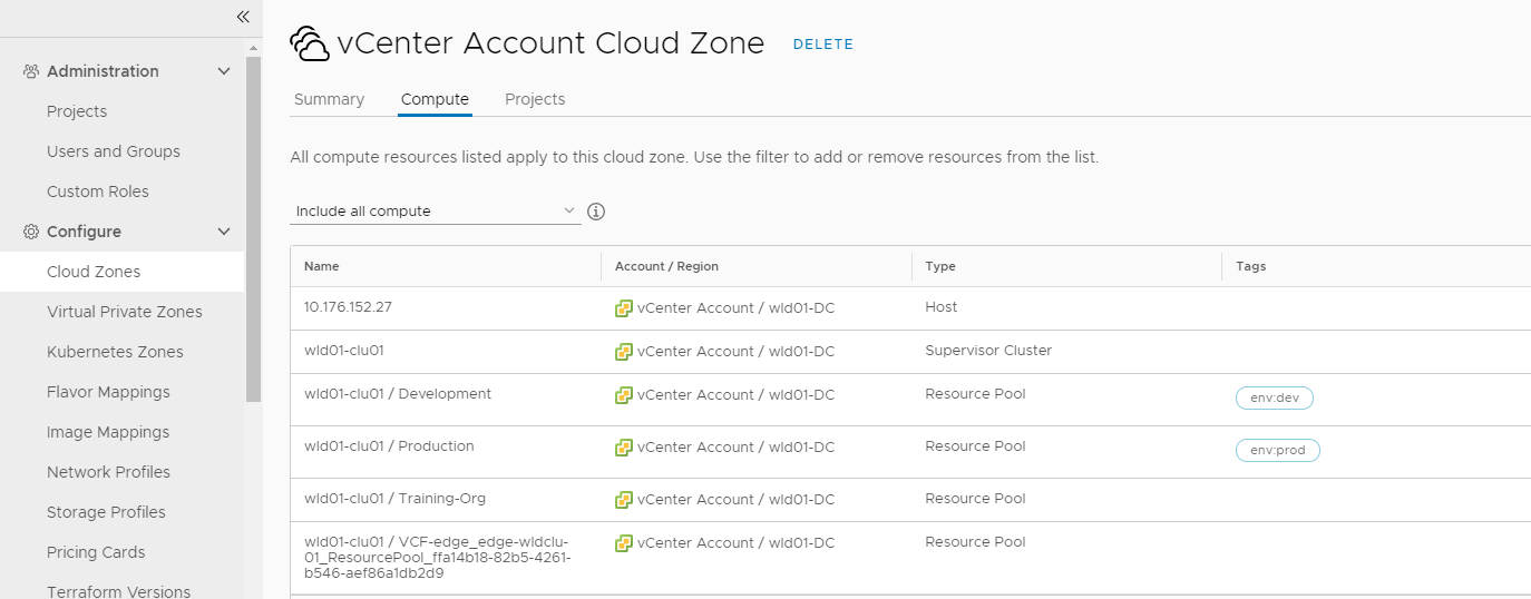 La zona de nube de vCenter Server en la que una zona de nube tiene la etiqueta env:dev y otra tiene env:prod.