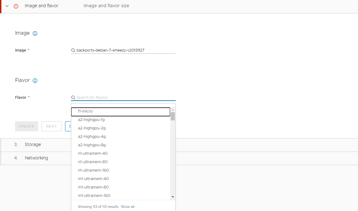 La página de imagen y tipo del asistente Crear máquina virtual con la imagen seleccionada y los resultados de búsqueda de la configuración de tipo que se muestran en un menú desplegable.