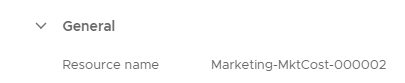 Los detalles de la implementación que muestran el nombre del recurso como Marketing-MktCost-000002.