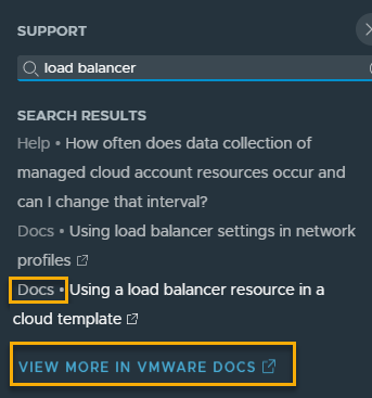 Ejemplo del panel de soporte con "Docs" y el vínculo "Ver más en VMware Docs" resaltados.