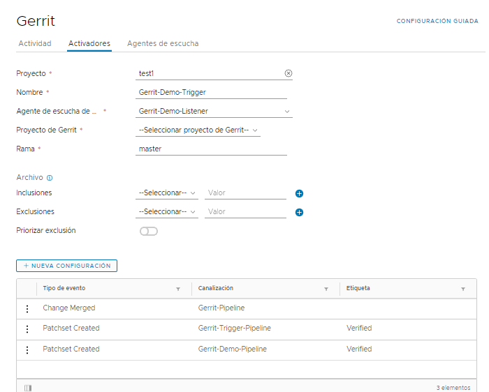 La configuración del agente de escucha y del activador de Gerrit incluye los tipos de eventos y las canalizaciones que se pueden activar.