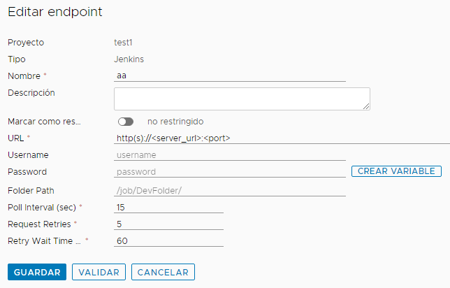 El endpoint de Jenkins que compila y prueba el código requiere la URL y permite crear una variable que almacena la contraseña del usuario.