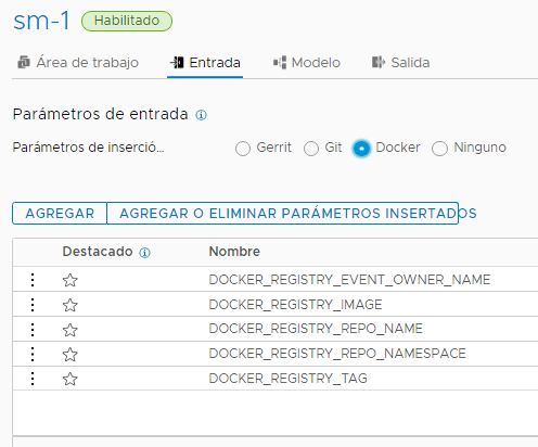 Cuando agregue parámetros de entrada a una canalización, haga clic en la pestaña Entrada y seleccione el tipo de los parámetros, como Gerrit, Git o Docker.