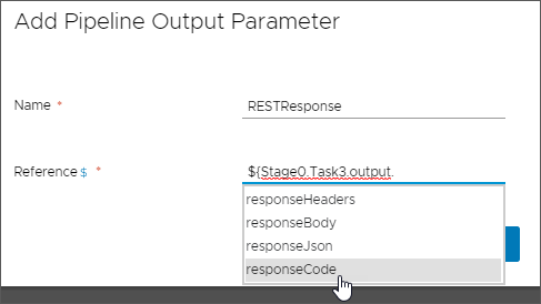 En la pestaña Salida de la canalización, puede agregar un parámetro de salida y seleccionar un parámetro de respuesta de REST en la lista que aparece.