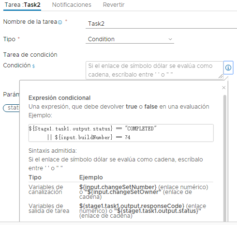 Las construcciones admitidas para la expresión condicional aparecen y proporcionan ejemplos de variables de canalización, variables de salida de tareas, valores y operadores.