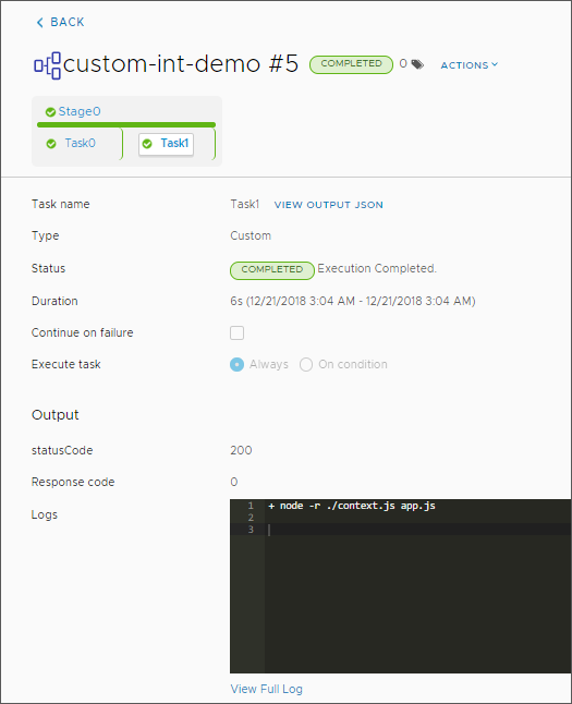 Después de que la canalización ejecuta la tarea personalizada, puede ver el resultado de la tarea para la integración personalizada en las ejecuciones de canalizaciones.