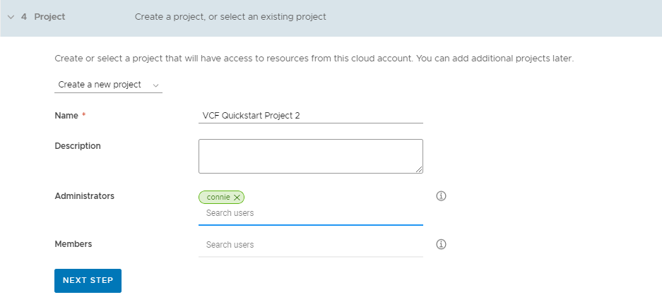 Sección Proyecto en el asistente de inicio rápido de VCF. Se incluyen datos de ejemplo.