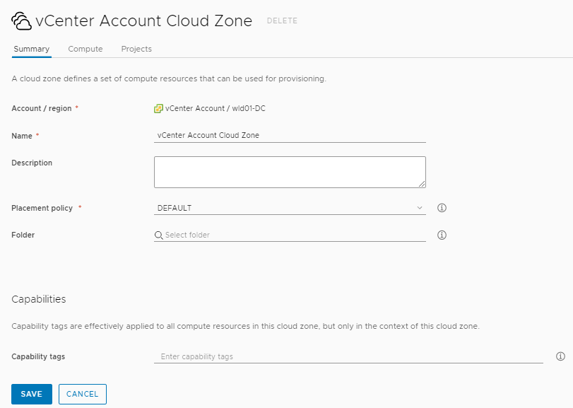 La página de configuración de la zona de nube con valores de ejemplo.