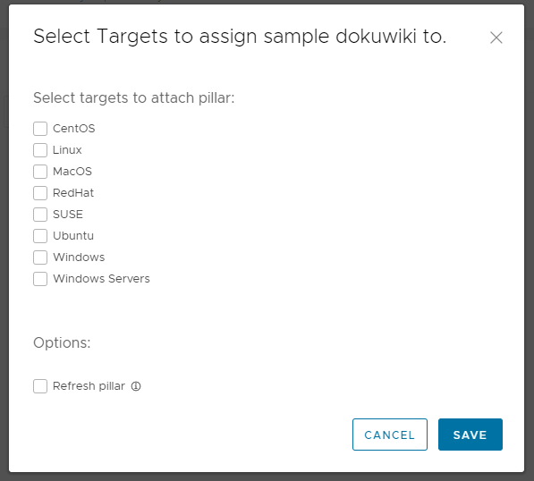 Asociación de datos del pilar a destinos en SaltStack Config