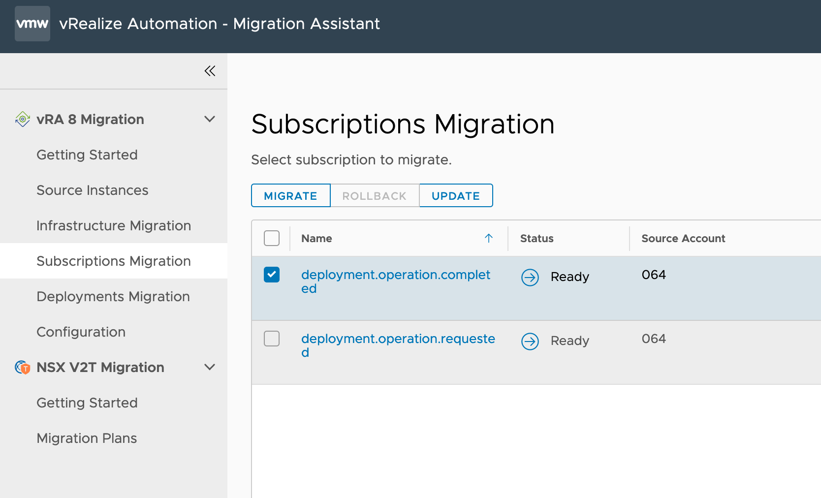 The Subscriptions Migration page displays which subscriptions were assessed during migration assessment along with their migration readiness. From this page you can choose to update or migrate selected subscriptions. Clicking update just refreshes the assessment on selected subscriptions. It is useful when changes to source subscriptions were made after the last migration assessment.