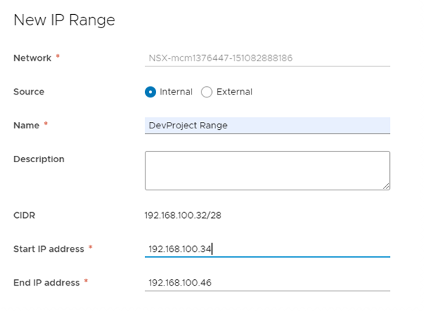 Cuadro de diálogo Nuevo rango de IP. Incluye datos de esta tarea a modo de ejemplo.