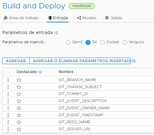 Cuando configure la canalización para que utilice el activador de Git, configure los parámetros de entrada en la pestaña Entrada.