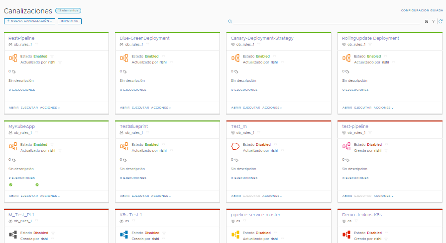 Las tarjetas de canalización de ejemplo aparecen en Automation Pipelines con las opciones Ejecutar y Abrir, y el menú Acciones.