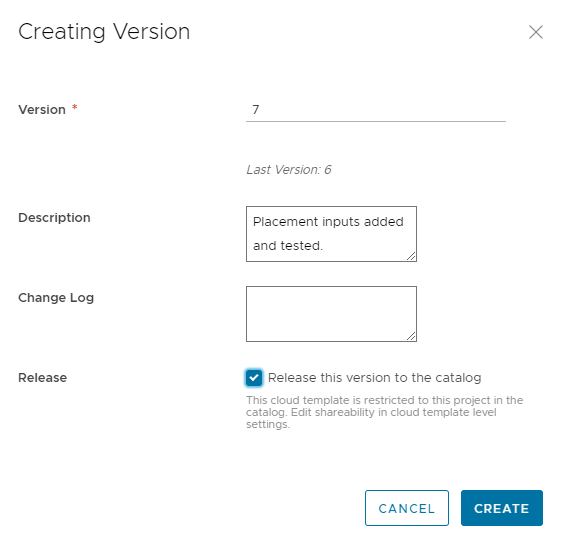 Crear un cuadro de diálogo de versión con un número de versión, una descripción y la casilla de verificación Publicación seleccionada.