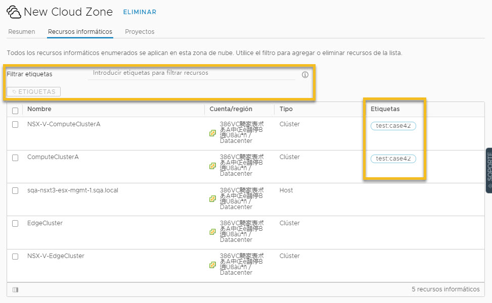 Pantalla de la zona de nube donde dos recursos informáticos contienen la misma etiqueta