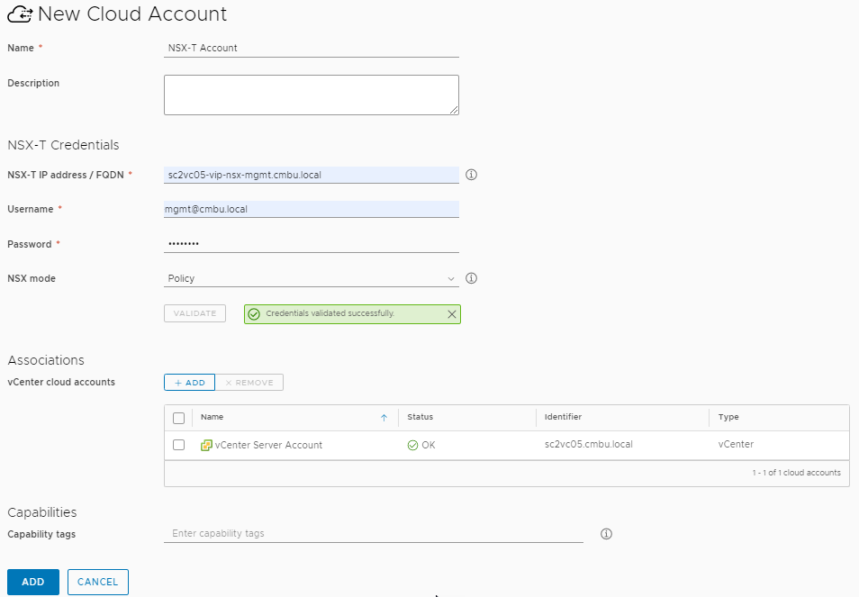 La página de configuración de la cuenta de nube de NSX-T con valores de ejemplo.