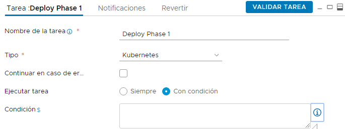 La opción Con condición está disponible en otros tipos de tareas.