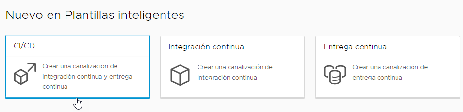 Puede crear una canalización de integración continua y entrega continua haciendo clic en la tarjeta de plantilla de la canalización inteligente de CICD.