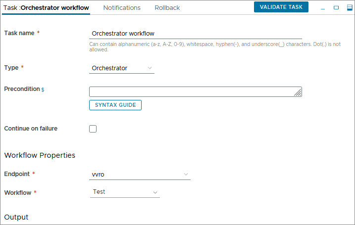 Si debe aplicar condiciones para la tarea VMware Aria Automation Orchestrator, introdúzcalas en el área Condición.