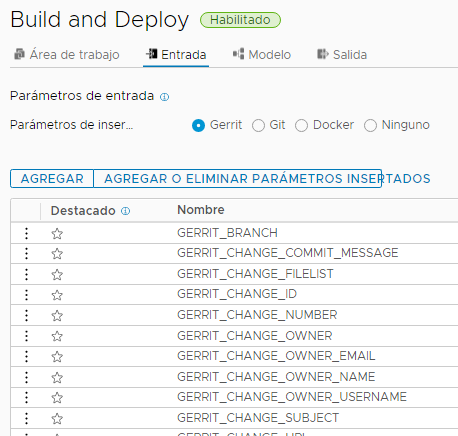 Los parámetros de entrada de Gerrit que se pueden insertar en la canalización aparecen en la pestaña Entrada.