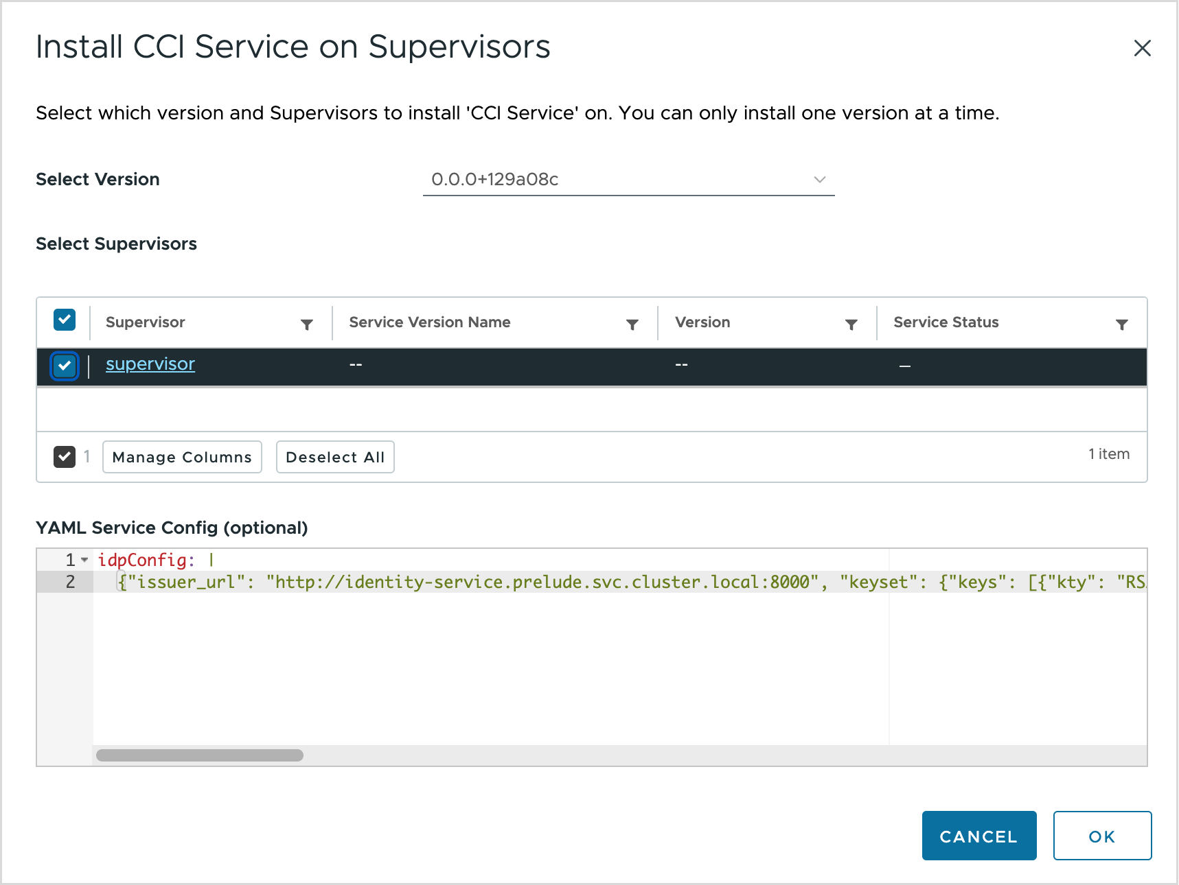 Pegue el resultado en YAML en el cuadro de texto Configuración del servicio YAML (opcional)