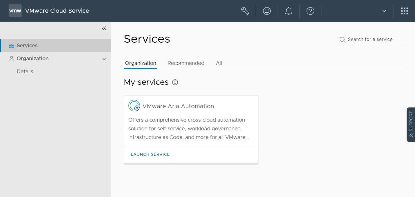 En la página de la consola, el mosaico de servicio de VMware Aria Automation consolida varios servicios, como Automation Assembler, Automation Service Broker y Automation Pipelines.