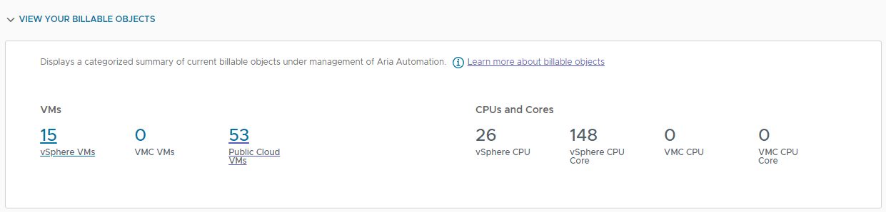 La sección Objetos facturables de la página de destino de VMware Aria Automation.