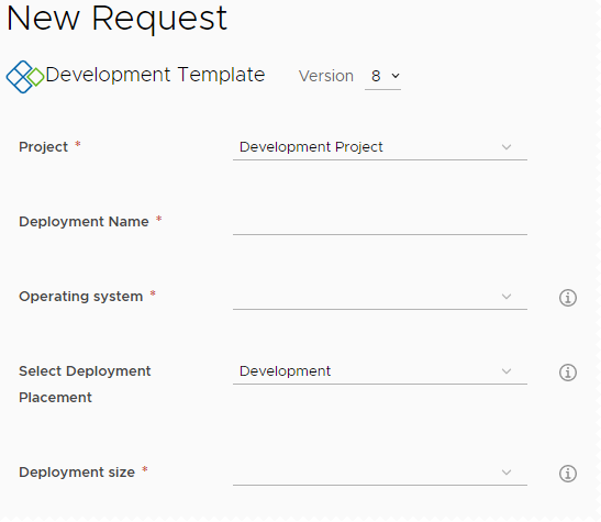 El formulario de solicitud del catálogo para el elemento de catálogo Plantilla de implementación. Incluye las opciones de nombre de la implementación, sistema operativo, colocación y tamaño de la implementación.