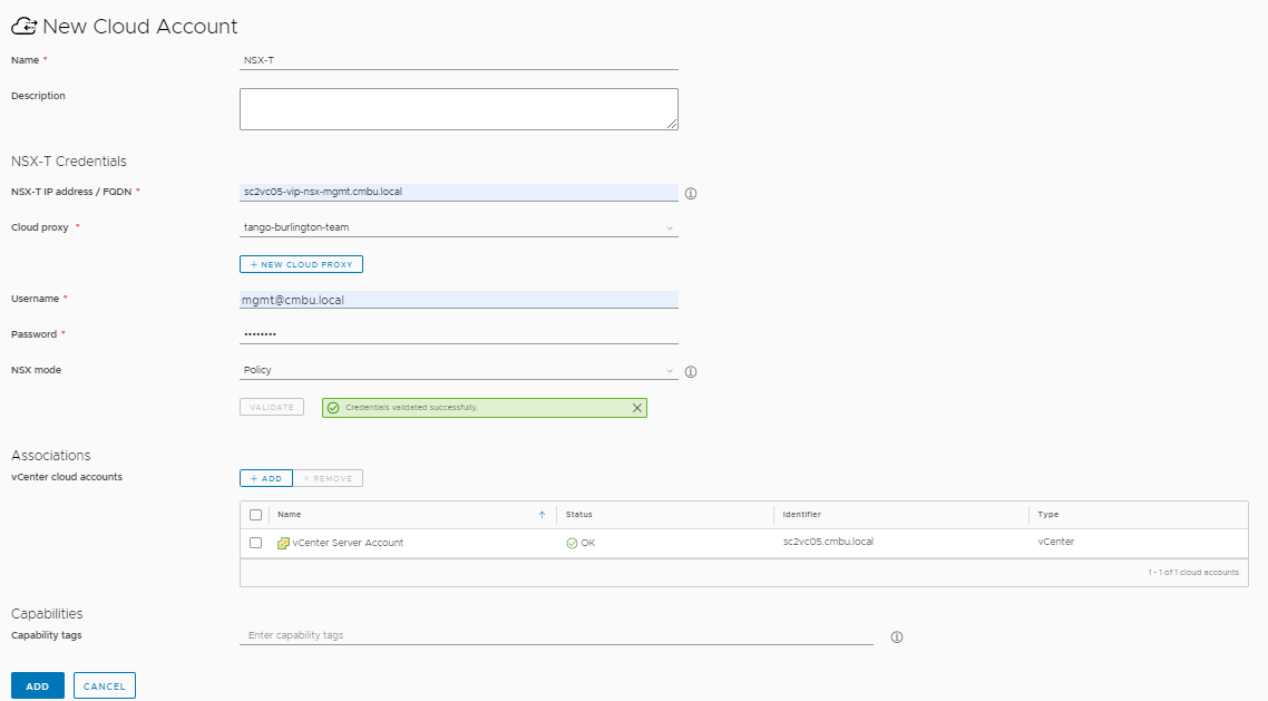 La página de configuración de la cuenta de nube de NSX-T con valores de ejemplo.