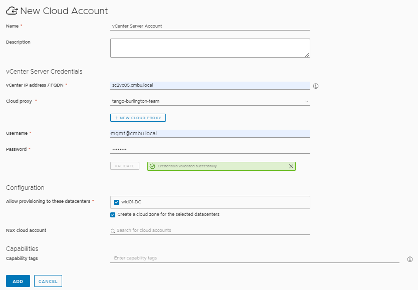 La página de configuración de la cuenta de nube de vCenter Server con valores de ejemplo.