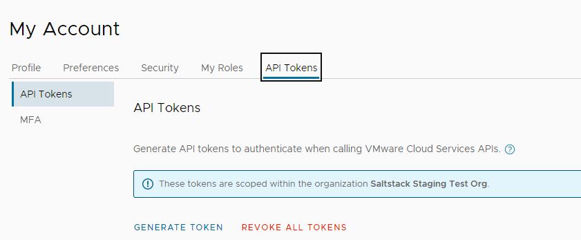 Página de tokens de API en CSP