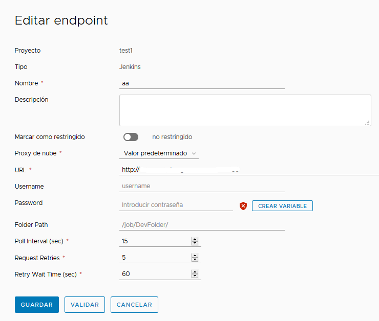 El endpoint de Jenkins que compila y prueba el código requiere la URL y utiliza un proxy de nube específico que seleccione.